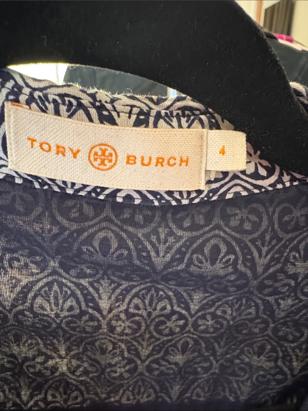 Tory Burch Navy and White Printed Long-Sleeve Shirt Dress with Tie Waist - Picture 2 of 3